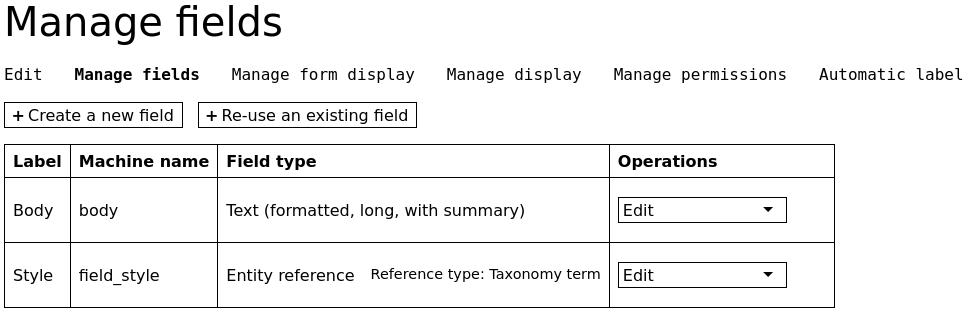Drupal mantra manage fields table