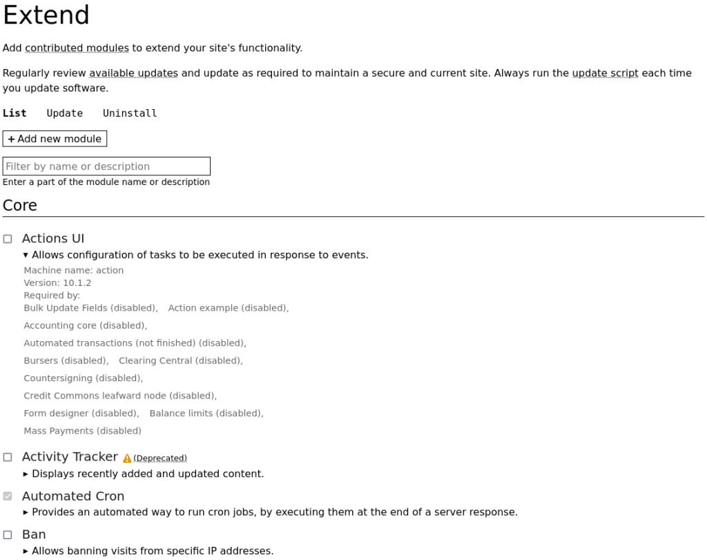 Drupal mantra theme extensions table