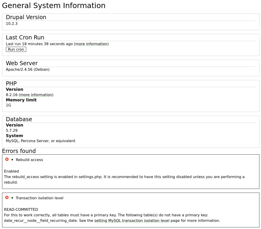 Drupal status report page