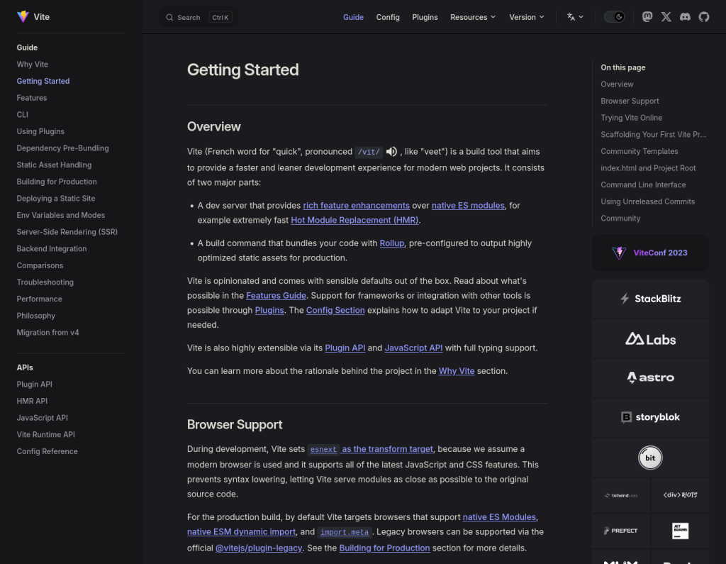 Vite docs sidebar layout