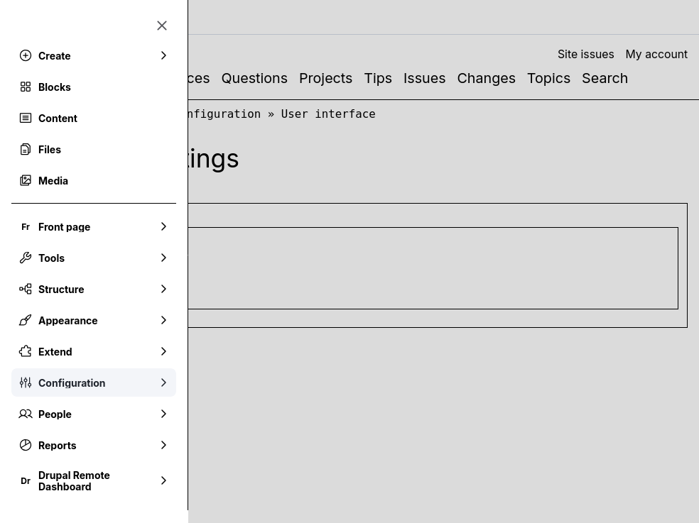 Drupal navigation module overlaid over content